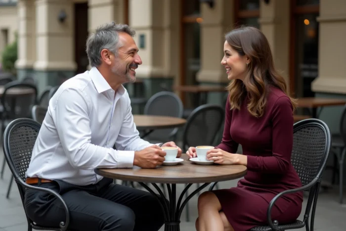 Homme et femme journalistes en discussion sur une terrasse de café parisien, atmosphère détendue et élégante