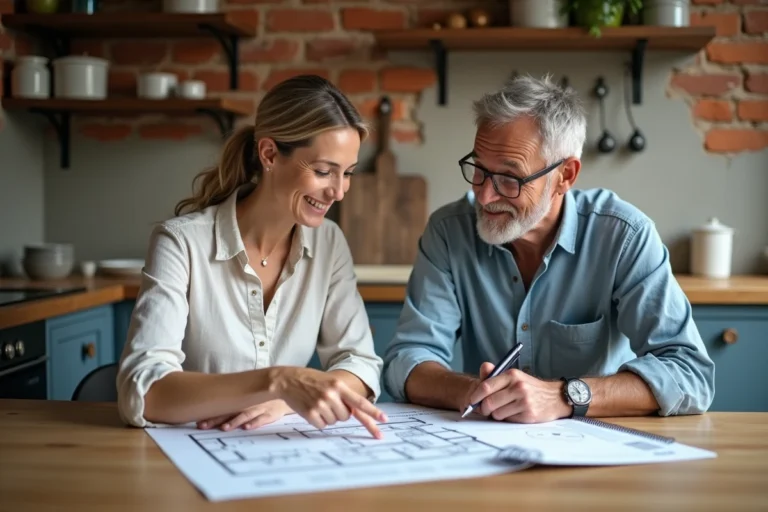 Couple en train d'étudier des plans architecturaux pour un projet de rénovation de maison dans une cuisine rustique