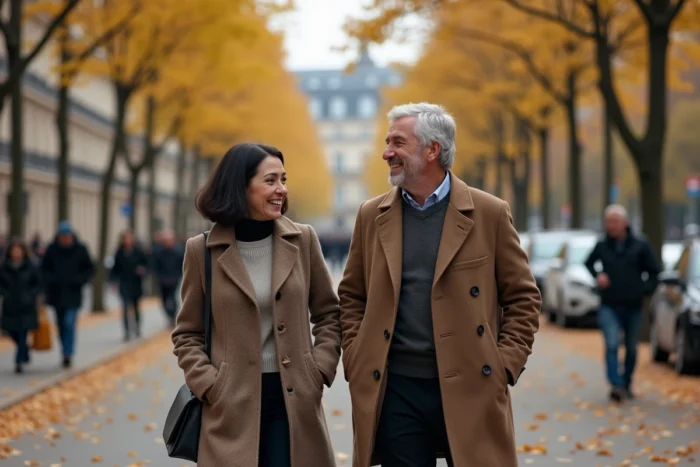 Couple élégant se promenant sur un boulevard parisien en automne, capturant la complicité et la vie intime d'un couple de personnalités françaises en 2026