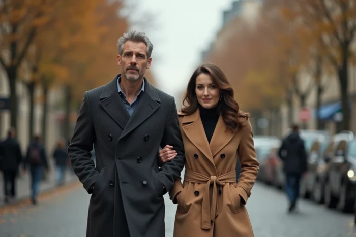 Couple élégant se promenant dans une rue haussmannienne parisienne en automne, style reportage journalistique