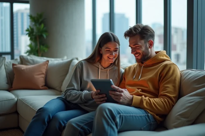 Couple cherchant ensemble la nouvelle adresse d'un site de streaming sur une tablette dans un appartement moderne