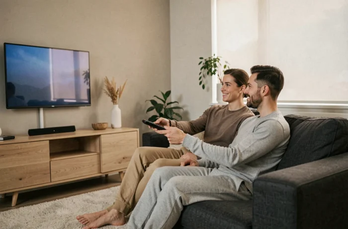 Couple regardant du contenu en streaming sur une télévision dans un salon moderne et confortable