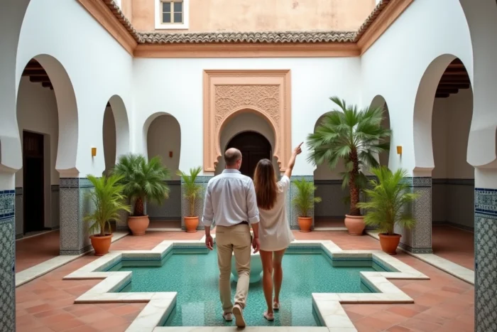 Couple visitant un riad clé en main rénové à Marrakech avec une belle cour intérieure en zellige et fontaine centrale