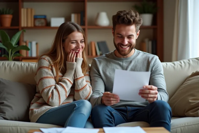 Couple jouant aux Z'amours avec des questions imprimées en PDF sur un canapé de salon