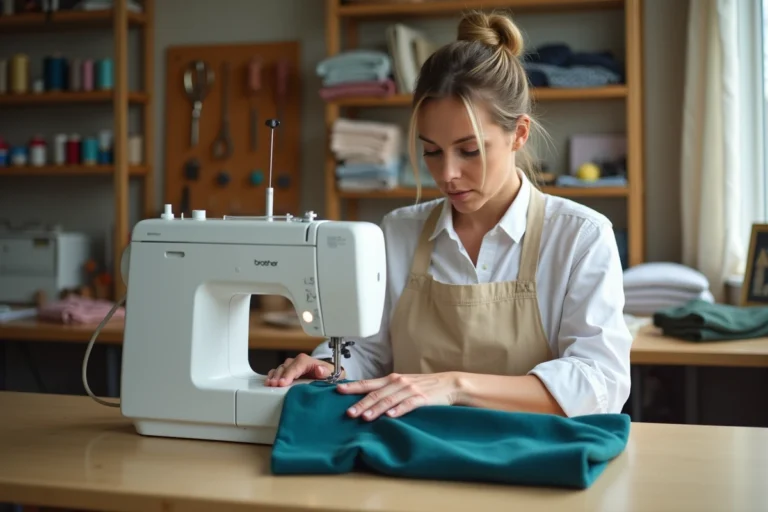 Couturière utilisant la machine à coudre Brother Innov-is 15 dans un atelier de couture maison