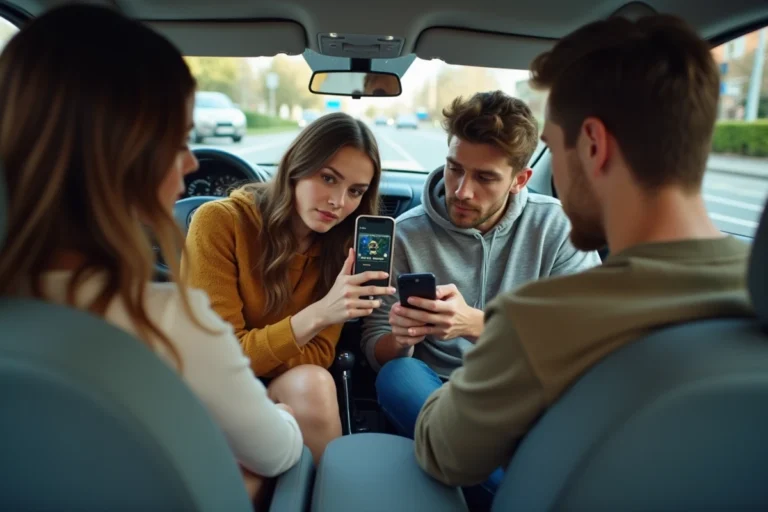 Trois covoitureurs consultant une application de partage de frais sur smartphone à l'intérieur d'une voiture en milieu urbain