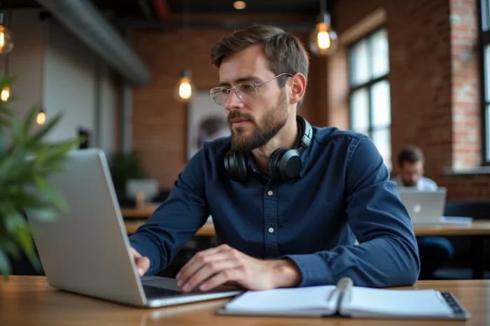 Professionnel en espace de coworking écoutant de la musique convertie depuis YouTube MP3 pour optimiser sa journée de travail