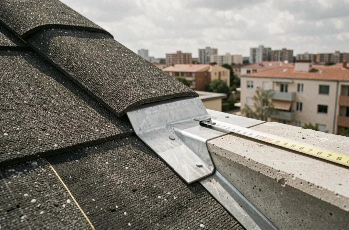 Détail de membrane d'étanchéité et de noue métallique sur toiture en cours de mise hors d'eau VEFA