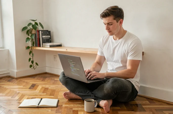 Jeune développeur indépendant codant sur laptop dans un bureau minimaliste à domicile avec carnet de notes