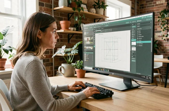 Développeuse web concentrée devant un écran affichant un wireframe de site web dans un studio moderne en 2024