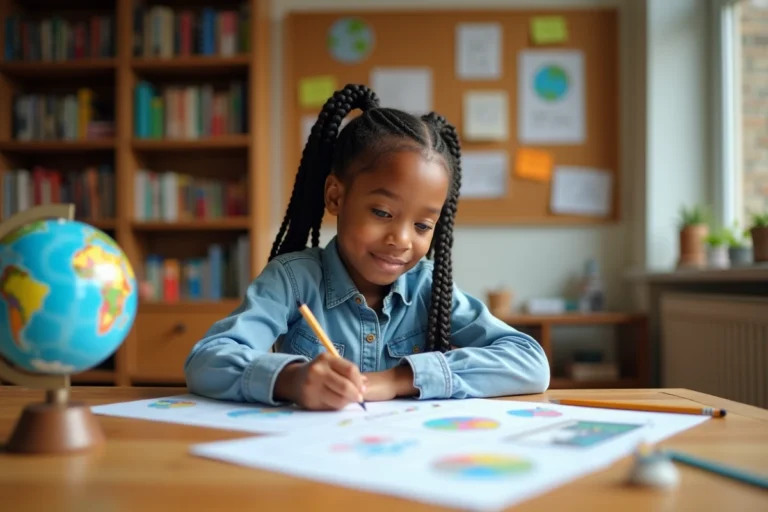 Jeune fille concentrée explorant des fiches d'orientation scolaire et professionnelle à son bureau