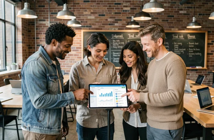 Équipe de professionnels consultant une plateforme d'informations business en ligne sur une tablette dans un espace de coworking