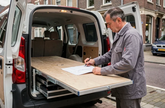 Établi escamotable déployé à l'arrière d'un Peugeot Expert, plan en bois de bouleau avec structure acier, artisan consultant un plan sur le chantier