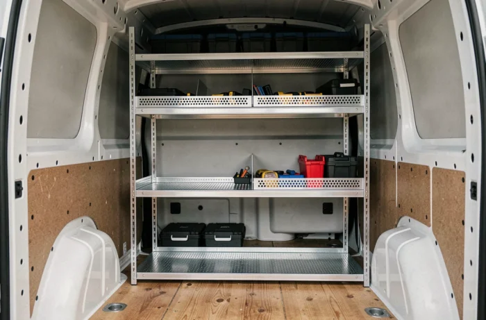 Étagères modulaires en aluminium fixées sur rails verticaux à l'intérieur d'un Peugeot Expert, plusieurs niveaux de rangement avec diviseurs et matériel professionnel
