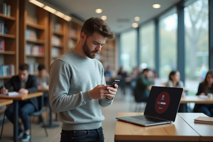 Étudiant consultant son smartphone et son ordinateur portable pour résoudre un problème de connexion à un portail étudiant