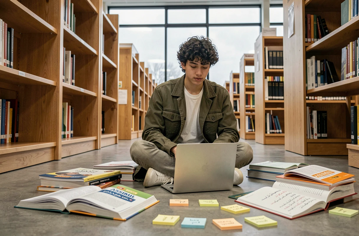 Étudiant révisant l'arabe Assimil entouré de livres et d'un ordinateur dans une bibliothèque universitaire