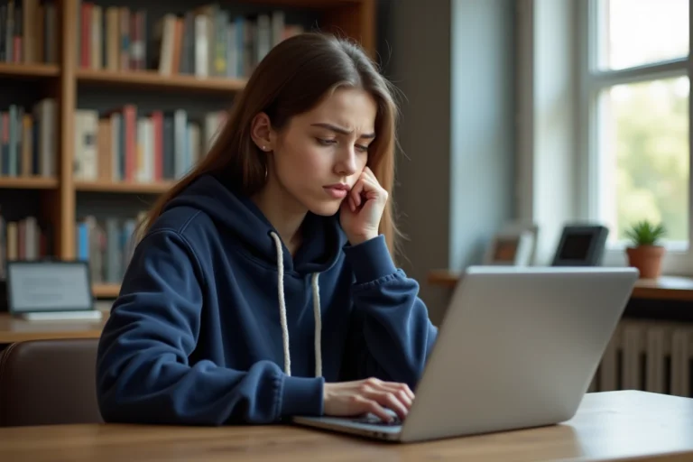 Étudiante frustrée devant son ordinateur portable affichant une erreur de connexion sur le portail universitaire