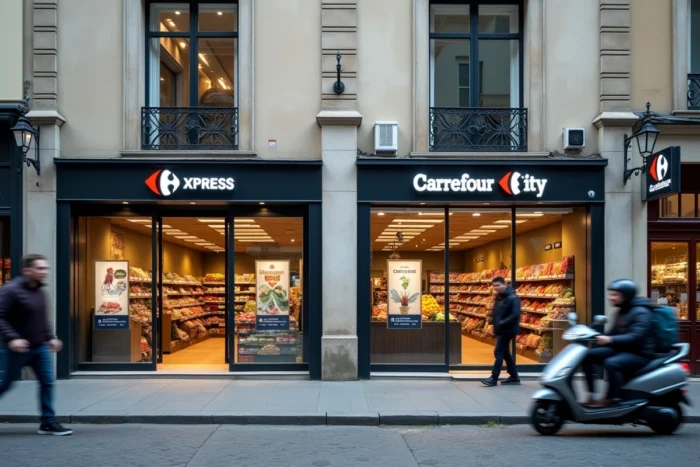 Comparaison de façades Carrefour Express et Carrefour City sur une rue piétonne parisienne