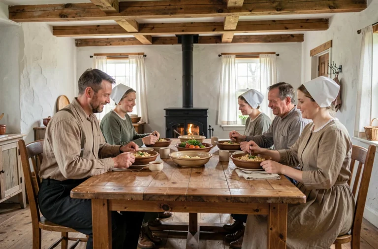 Famille Amish réunie autour d'un repas traditionnel dans une cuisine rustique en bois, illustrant les valeurs communautaires et les traditions familiales