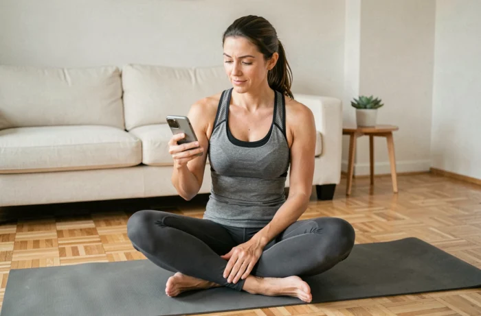 Femme sportive utilisant une application de santé sur smartphone assise sur un tapis de yoga à domicile