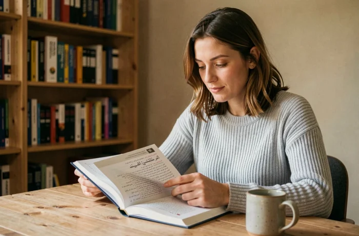 Femme étudiant un manuel Assimil d'arabe à son bureau avec des notes manuscrites