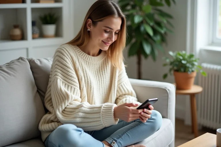 Jeune femme cherchant des codes promo Zalando sur son smartphone depuis son canapé