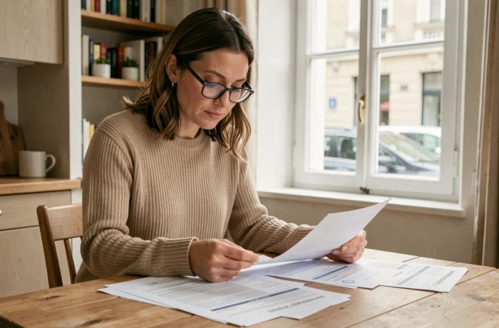 Femme consultant des documents d'assurance auto à la maison, comparant des offres pour choisir la meilleure couverture selon son budget