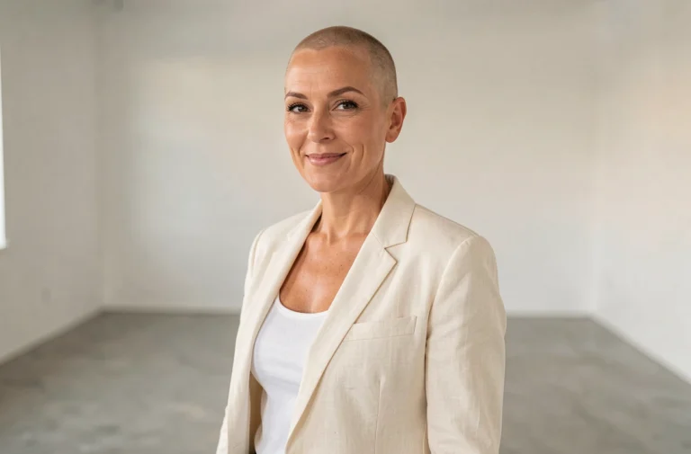 Femme aux cheveux rasés portant un blazer crème dans un studio minimaliste moderne, regard confiant et naturel