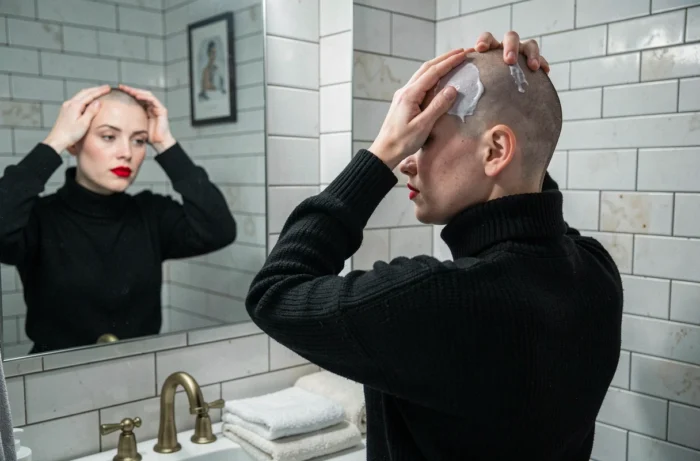 Jeune femme au crâne rasé appliquant une crème hydratante sur son cuir chevelu devant un miroir de salle de bain