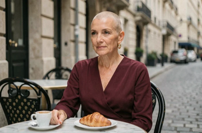Femme au crâne rasé en robe bordeaux assise en terrasse de café parisien, boucles d'oreilles dorées et expression sereine