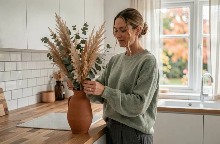 Femme arrangeant des fleurs séchées dans un vase en terre cuite dans une cuisine scandinave chaleureuse