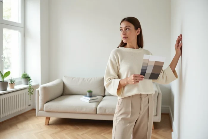 Femme comparant des échantillons de couleurs dans un salon rénové de style scandinave avec parquet en chêne