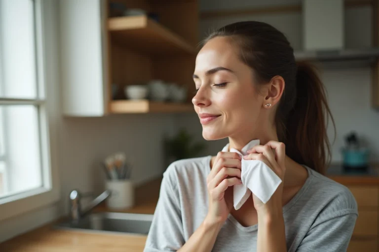Femme appliquant un glaçon enveloppé dans un tissu sur la nuque pour soulager la douleur ou la chaleur