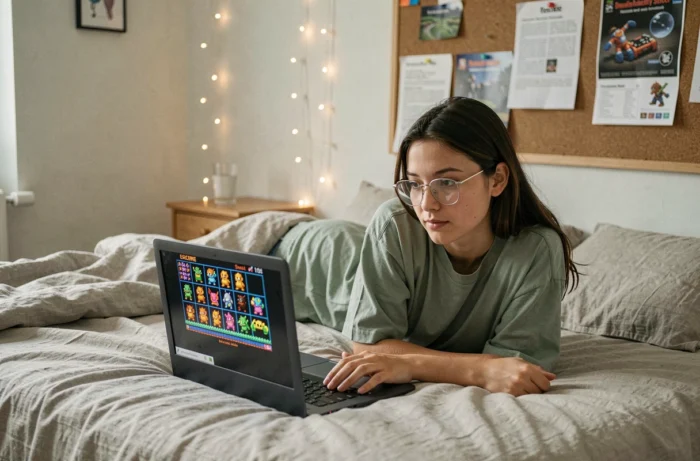 Jeune femme jouant à Pokéclicker sur un laptop dans sa chambre avec des guides stratégiques affichés