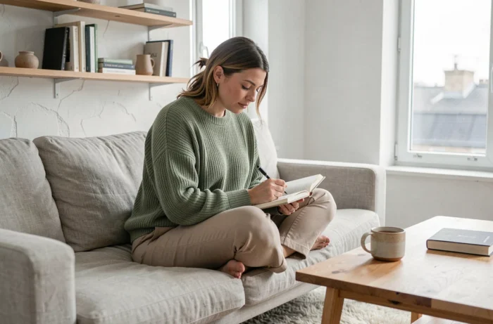 Femme détendue écrivant dans son journal intime sur un canapé en lin dans un intérieur scandinave minimaliste