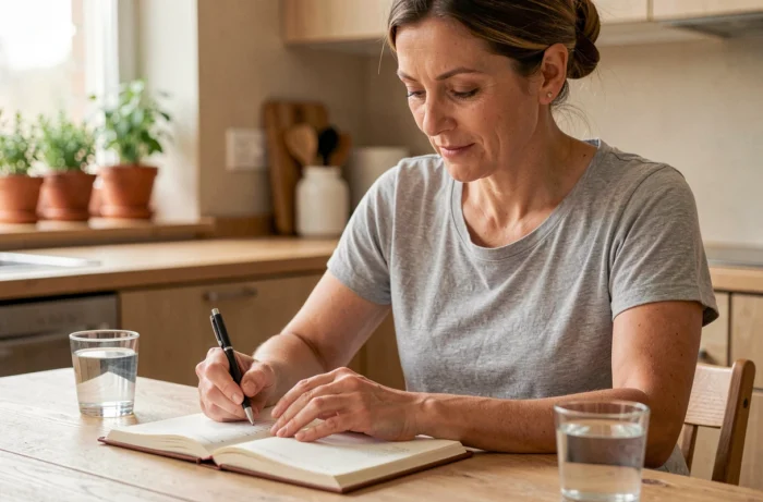 Femme d'âge moyen consultant un journal de santé personnel à une table en bois dans une cuisine moderne