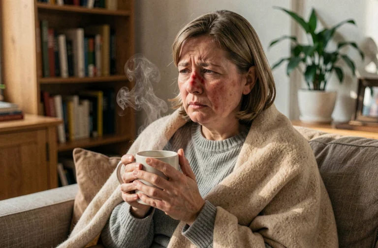 Femme adulte malade de la grippe enveloppée dans une couverture sur un canapé tenant une tasse chaude