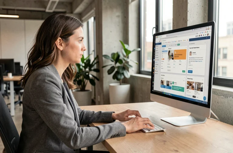 Femme professionnelle naviguant sur différentes plateformes numériques depuis son bureau en open space