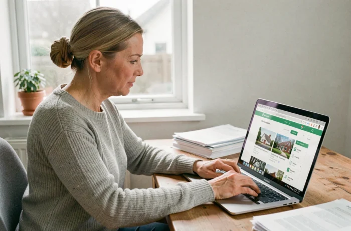 Femme consultant un site immobilier sur son ordinateur portable dans un bureau à domicile moderne