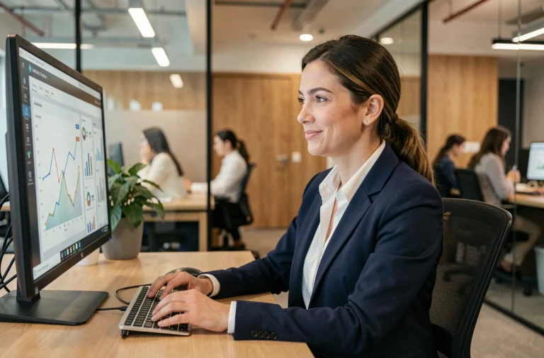 Femme professionnelle consultant des tableaux de bord business en ligne sur un écran d'ordinateur dans un bureau moderne