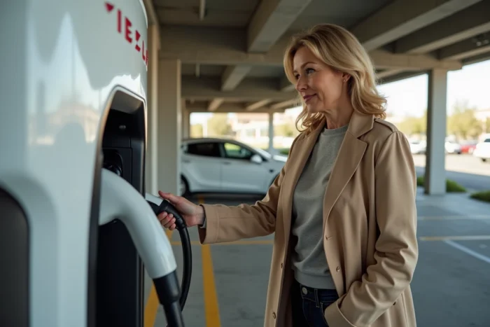 Femme branchant un câble de recharge Tesla Supercharger dans un parking urbain couvert