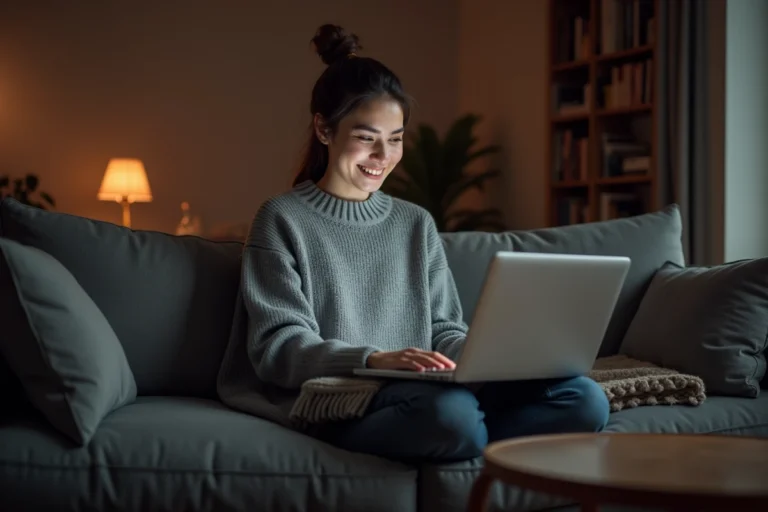 Jeune femme cherchant la nouvelle adresse d'un site de streaming sur son ordinateur portable dans un salon moderne
