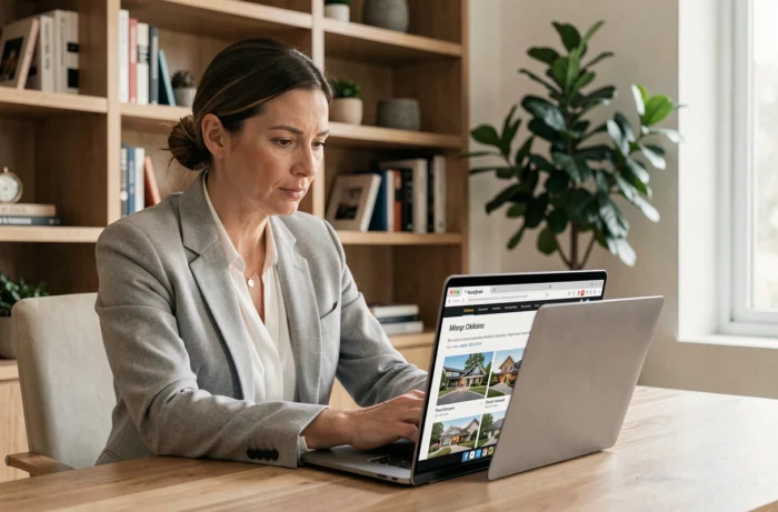 Femme consultant des annonces immobilières en ligne sur un ordinateur portable dans un bureau à domicile