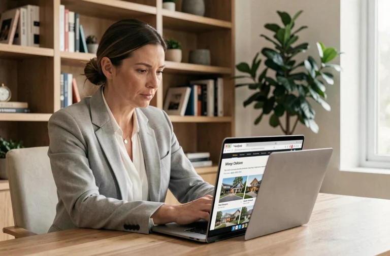 Femme consultant des annonces immobilières en ligne sur un ordinateur portable dans un bureau à domicile