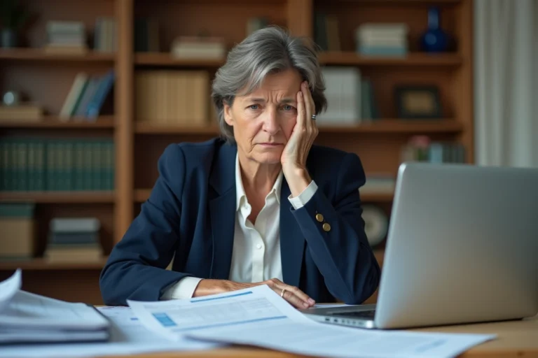 Femme d'une cinquantaine d'années inquiète face à des documents administratifs de retraite et un relevé de trimestres CSP sur son bureau à domicile