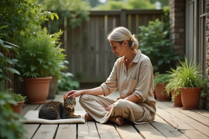 Femme prenant soin de son chat dans un jardin verdoyant, nouvelles tendances bien-être animal à domicile