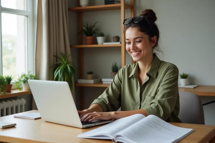 Femme téléchargeant et personnalisant un PDF de questions Z'amours sur son ordinateur