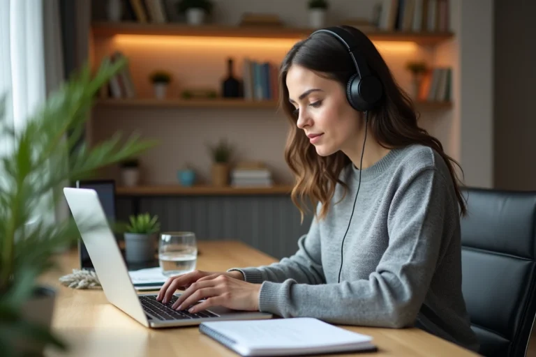 Femme en télétravail utilisant un convertisseur YouTube MP3 sur son ordinateur portable avec casque audio sans fil
