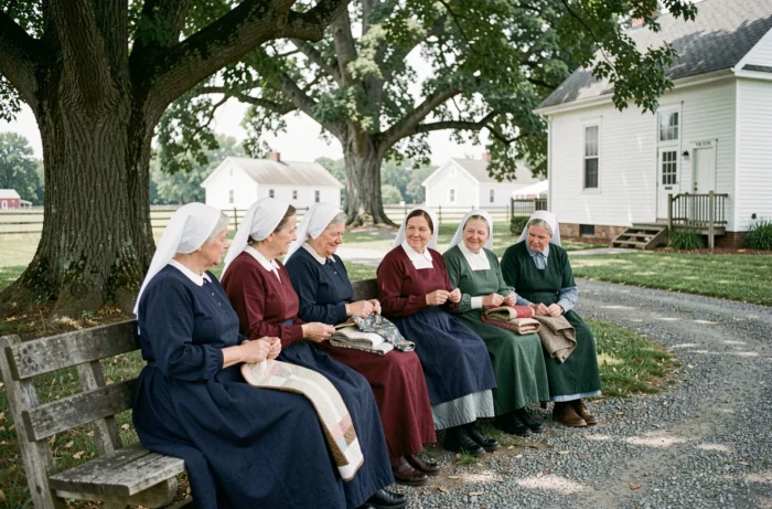 Femmes Amish de différents âges réunies lors d'un rassemblement communautaire, travaillant à la courtepointe dans une cour ombragée, illustrant la vie sociale et les traditions des communautés Amish