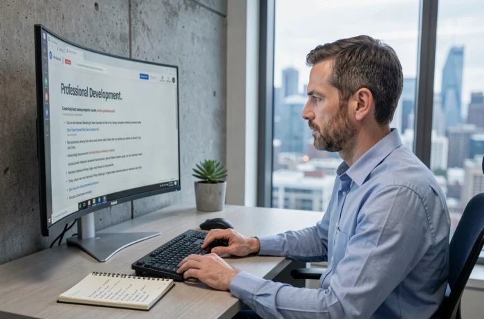 Professionnel suivant une formation en ligne sur ordinateur dans un bureau moderne avec vue sur la ville, prenant des notes manuscrites